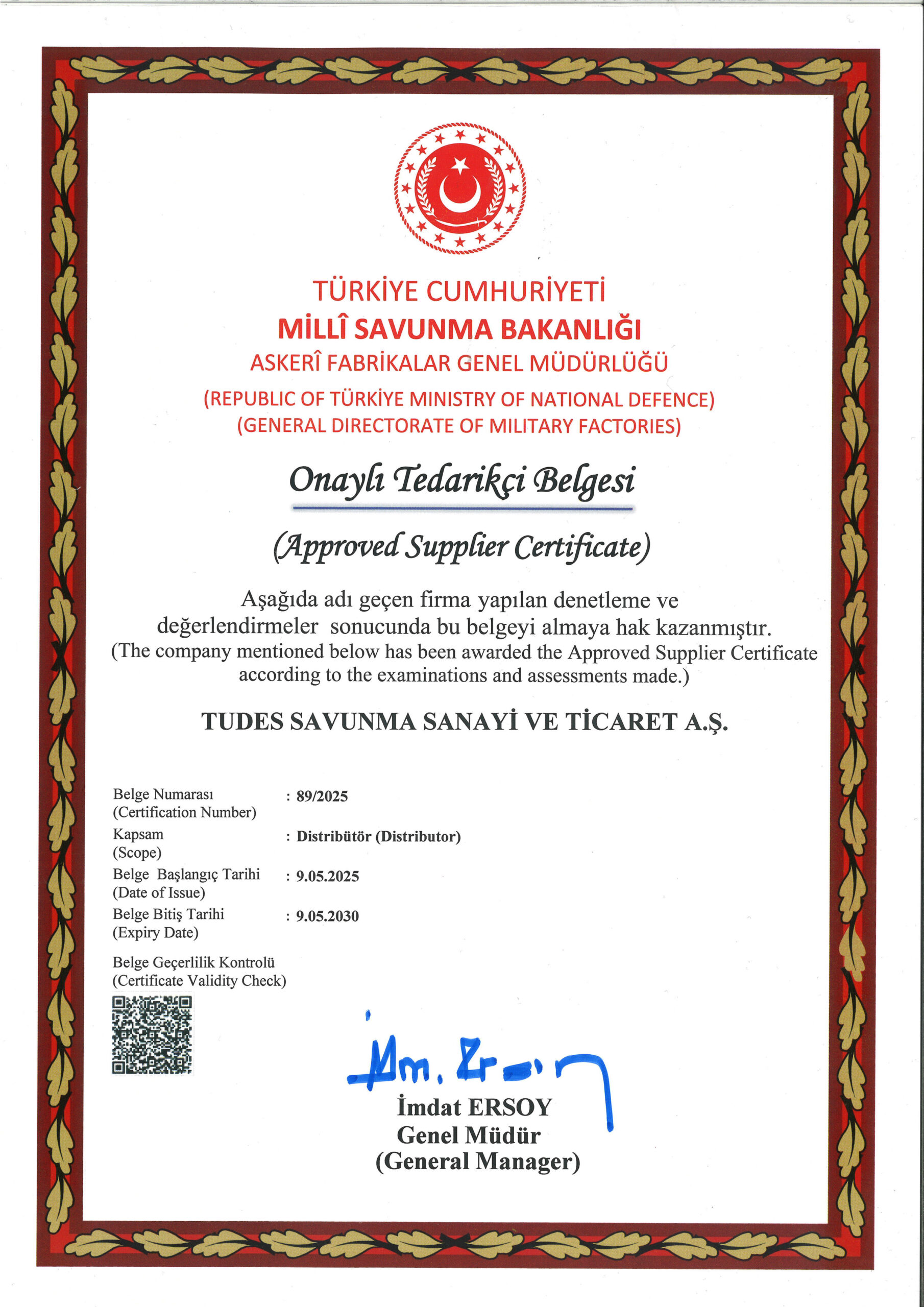 MSB ONAYLI TEDARİKÇİ SERTİFİKASI